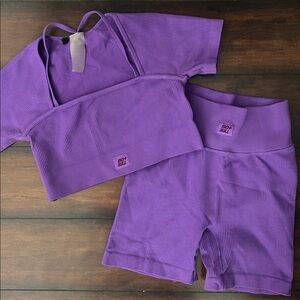 Bo & Tee Purple Athletic Set Crop Top & Biker Shorts Size Small